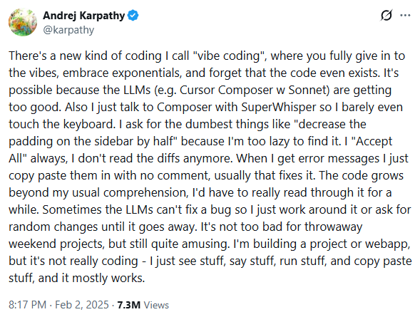 Publicação original de Andrej Karpathy no X criando o termo 'vibe coding'