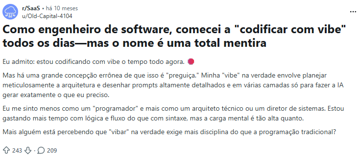 Discussão no Reddit sobre vibe coding em projetos SaaS